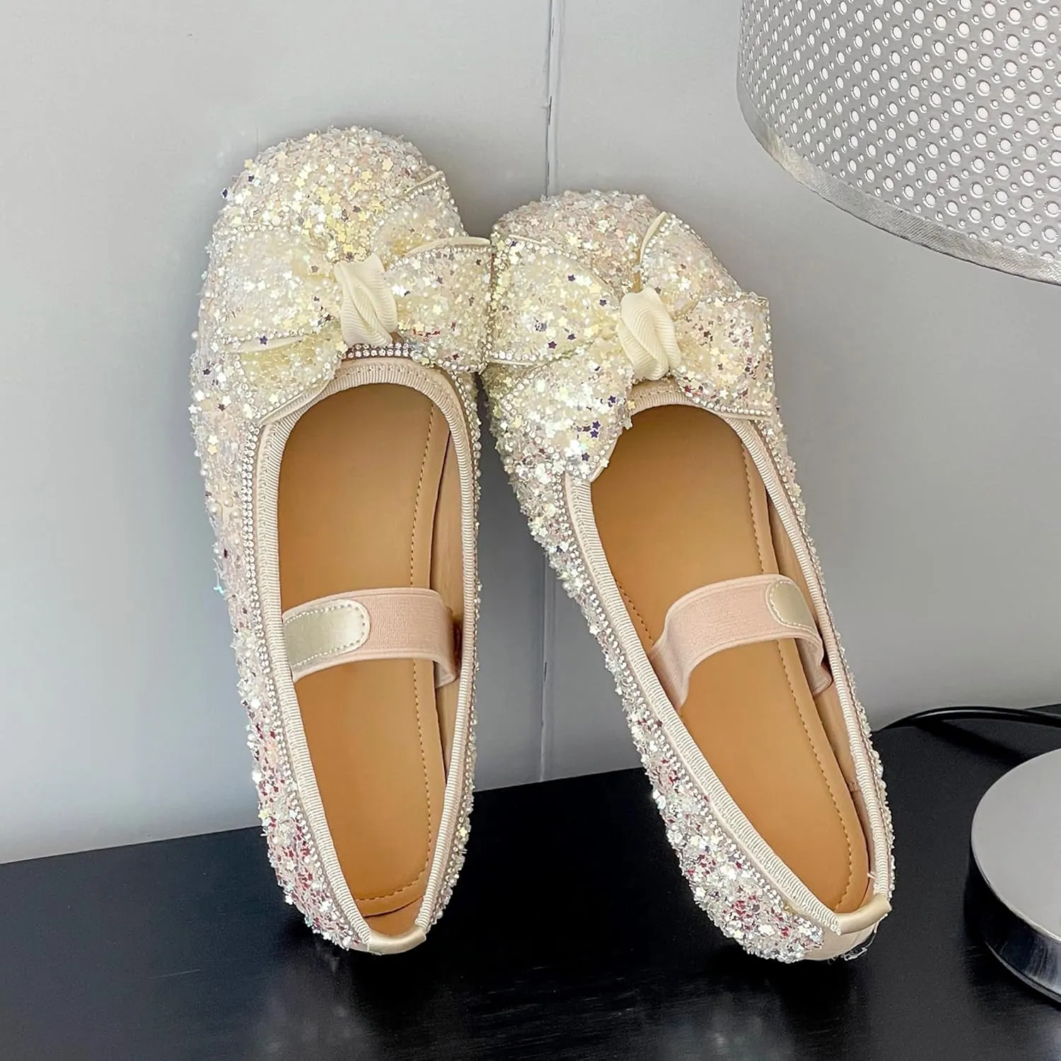 Dear Time Women's Sequin Ballets Sparkly Flat Shoes Bowknot Cute Mary Jane Shoes Elastic Strap Ballets Shoes