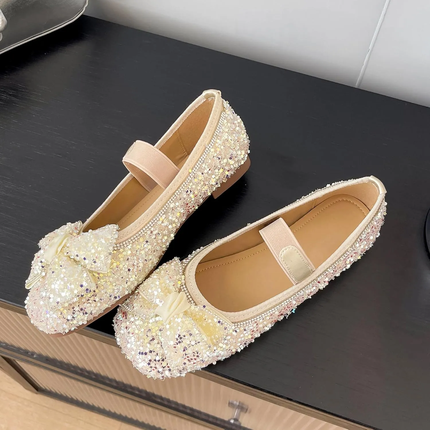Dear Time Women's Sequin Ballets Sparkly Flat Shoes Bowknot Cute Mary Jane Shoes Elastic Strap Ballets Shoes