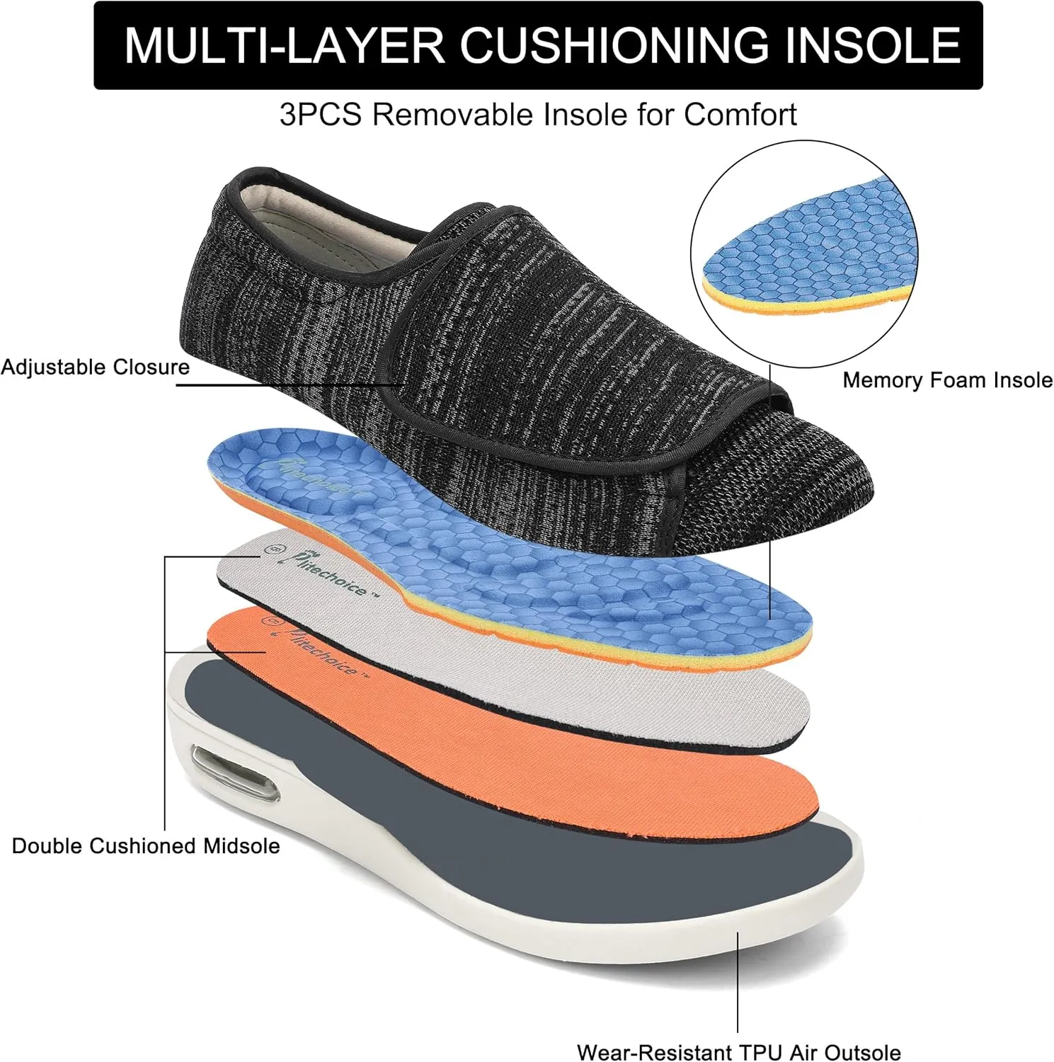 Diabetic Shoes for Men, Wide Width Elderly Men's Shoes, Adjustable Closure Lightweight Breathable, Swollen Feet Walking Edema Sneakers