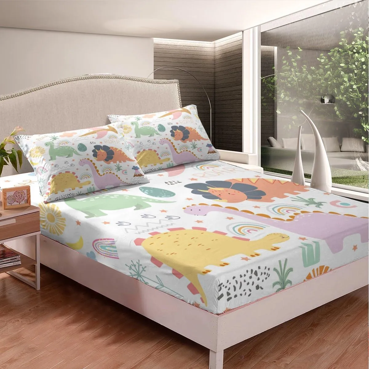 Dinosaur Bedding Set Twin Size, Cute Rainbow Dino Bed Sheet Set for Kids Boys Girls Jungle Dino Fitted Sheet Cartoon Rainbow Wildlife Bed Cover Lightweight Bed Set