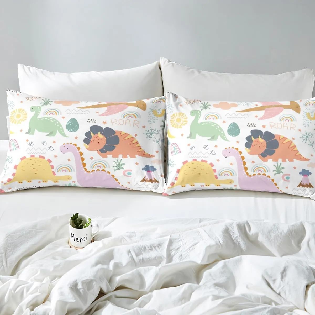 Dinosaur Bedding Set Twin Size, Cute Rainbow Dino Bed Sheet Set for Kids Boys Girls Jungle Dino Fitted Sheet Cartoon Rainbow Wildlife Bed Cover Lightweight Bed Set