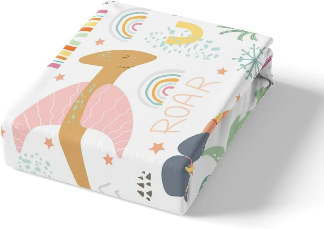 Dinosaur Bedding Set Twin Size, Cute Rainbow Dino Bed Sheet Set for Kids Boys Girls Jungle Dino Fitted Sheet Cartoon Rainbow Wildlife Bed Cover Lightweight Bed Set