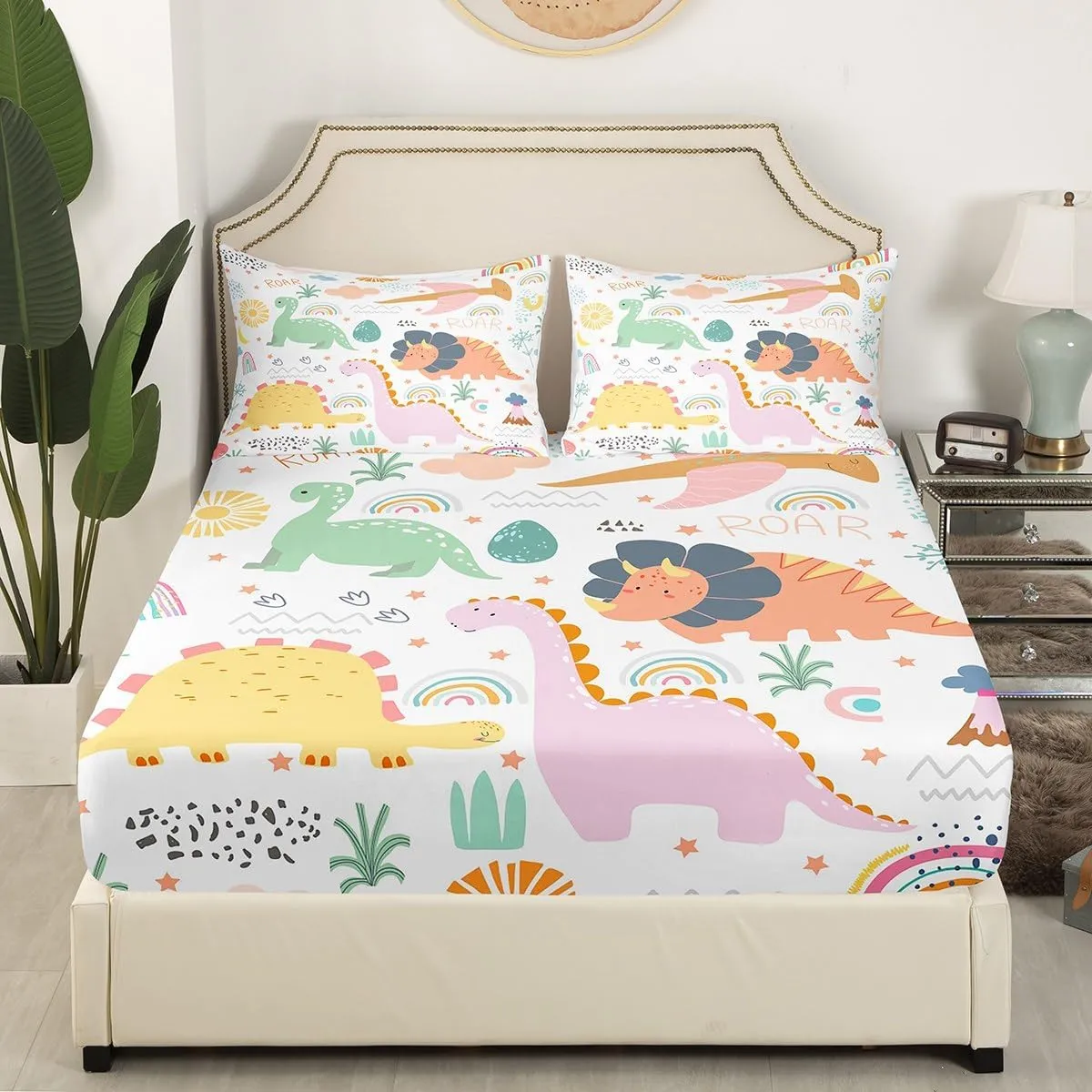 Dinosaur Bedding Set Twin Size, Cute Rainbow Dino Bed Sheet Set for Kids Boys Girls Jungle Dino Fitted Sheet Cartoon Rainbow Wildlife Bed Cover Lightweight Bed Set