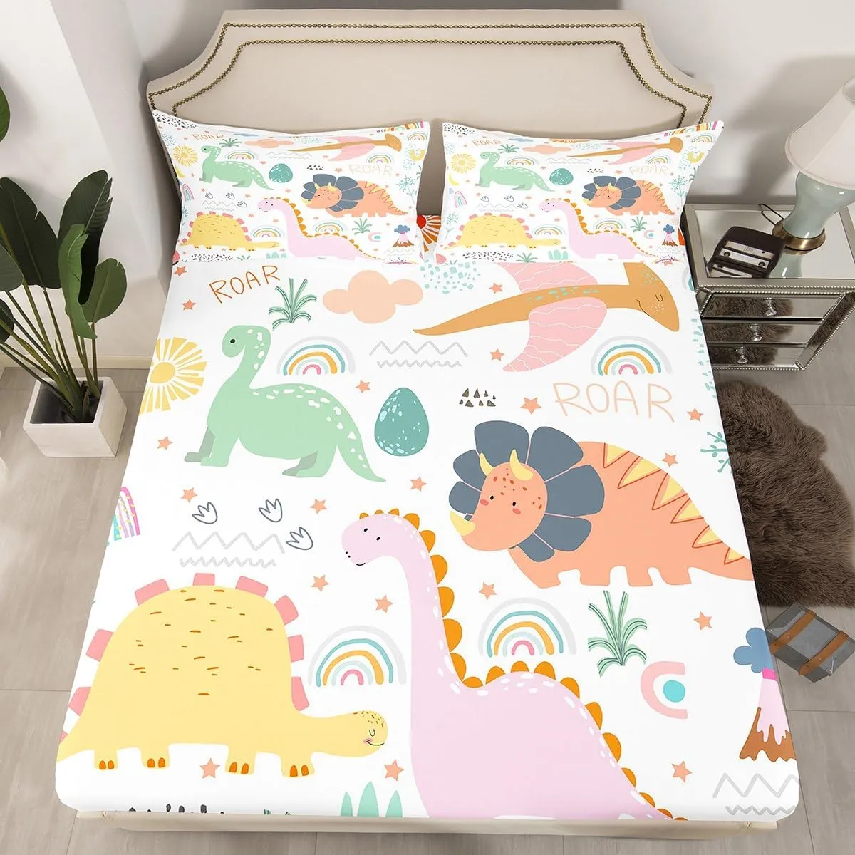 Dinosaur Bedding Set Twin Size, Cute Rainbow Dino Bed Sheet Set for Kids Boys Girls Jungle Dino Fitted Sheet Cartoon Rainbow Wildlife Bed Cover Lightweight Bed Set