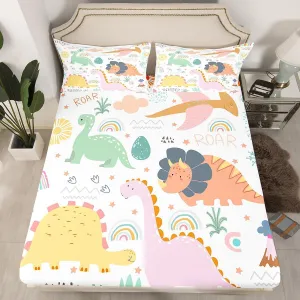 Dinosaur Bedding Set Twin Size, Cute Rainbow Dino Bed Sheet Set for Kids Boys Girls Jungle Dino Fitted Sheet Cartoon Rainbow Wildlife Bed Cover Lightweight Bed Set
