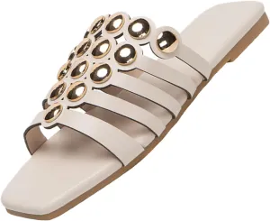 DirraBra Women's Fashion Hollow Rivet Flat Sandals Square Toe Slip On Open Toe Slippers Comfortable Non-slip Summer Casual Beach Sandals