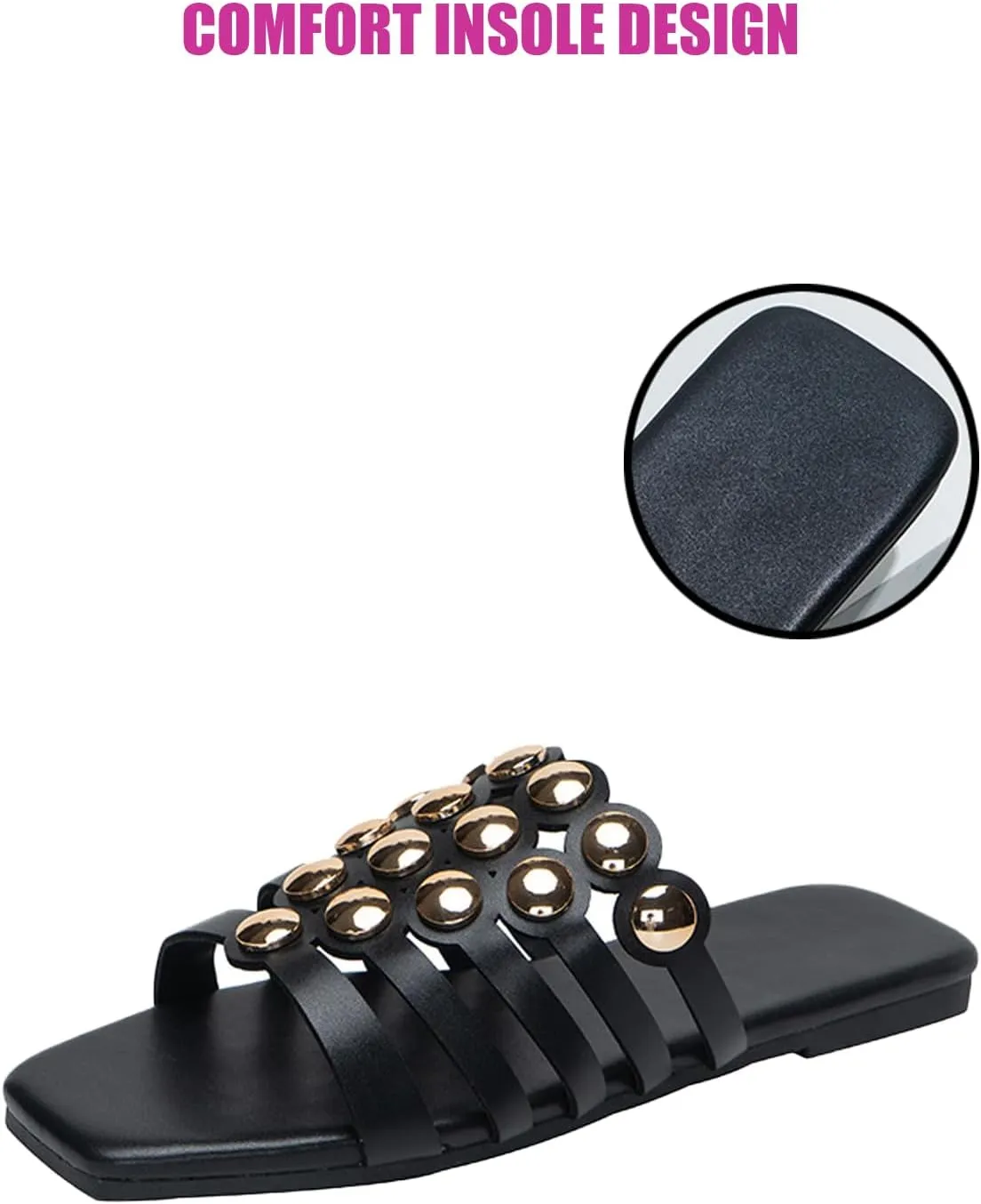 DirraBra Women's Fashion Hollow Rivet Flat Sandals Square Toe Slip On Open Toe Slippers Comfortable Non-slip Summer Casual Beach Sandals