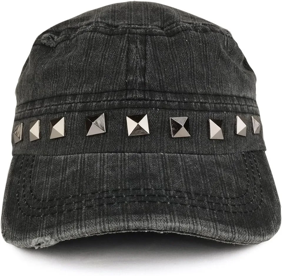 Distressed Flat Top Metallic Studded Frayed Cadet Style Army Cap