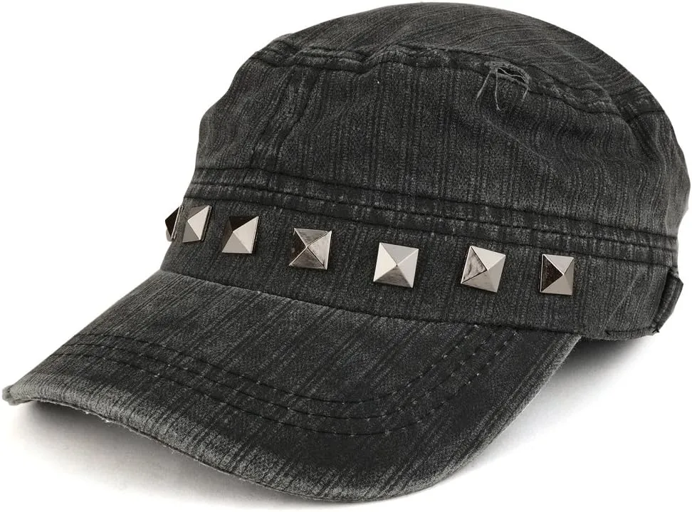 Distressed Flat Top Metallic Studded Frayed Cadet Style Army Cap