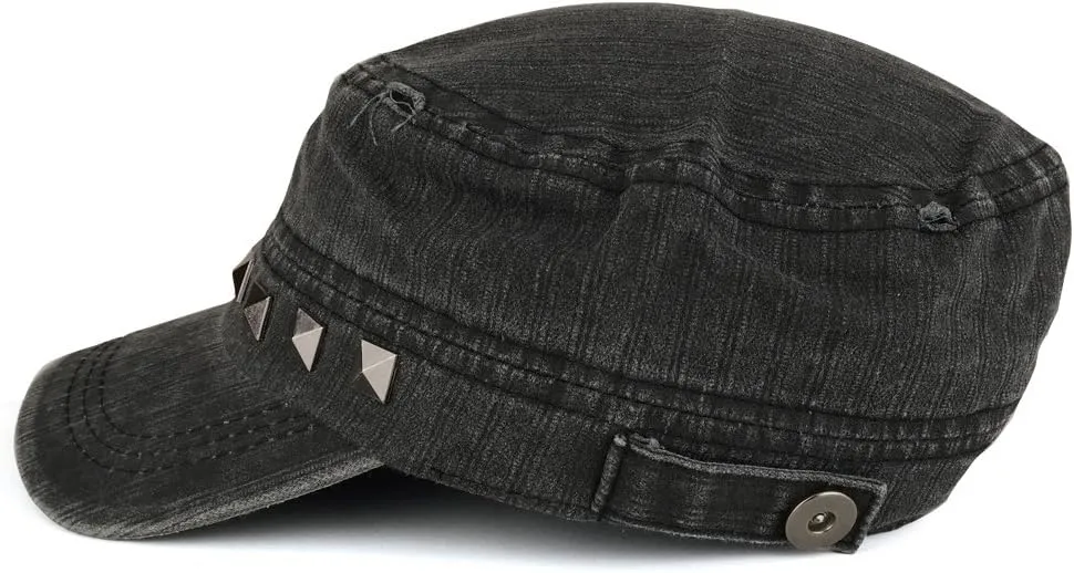 Distressed Flat Top Metallic Studded Frayed Cadet Style Army Cap