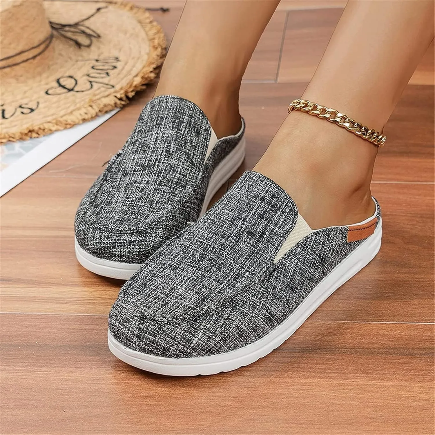 DOIX Women's Garden Clogs Shoes Slip on Canvas Slippers Backless Flat Sandals Lightweight Closed Toe Summer Casual Comfy Walking Loafer Shoes,Black,US11/EU42