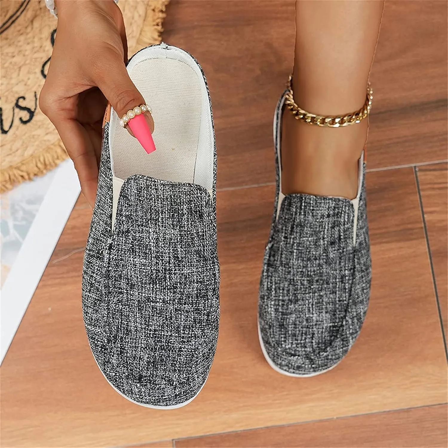 DOIX Women's Garden Clogs Shoes Slip on Canvas Slippers Backless Flat Sandals Lightweight Closed Toe Summer Casual Comfy Walking Loafer Shoes,Black,US11/EU42