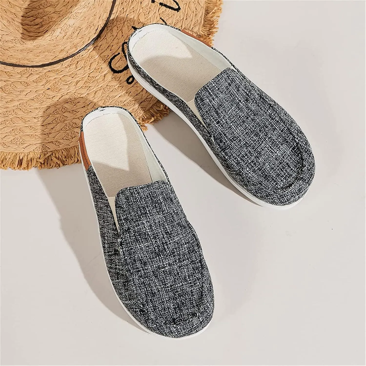 DOIX Women's Garden Clogs Shoes Slip on Canvas Slippers Backless Flat Sandals Lightweight Closed Toe Summer Casual Comfy Walking Loafer Shoes,Black,US11/EU42