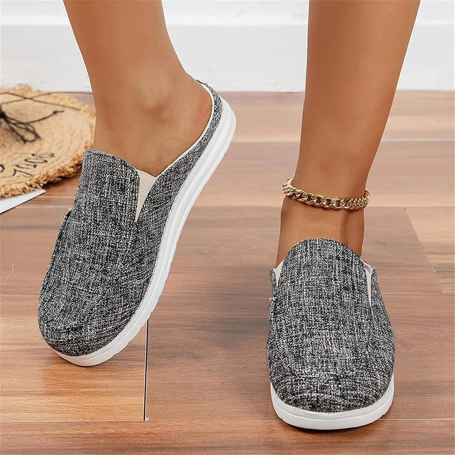 DOIX Women's Garden Clogs Shoes Slip on Canvas Slippers Backless Flat Sandals Lightweight Closed Toe Summer Casual Comfy Walking Loafer Shoes,Black,US11/EU42