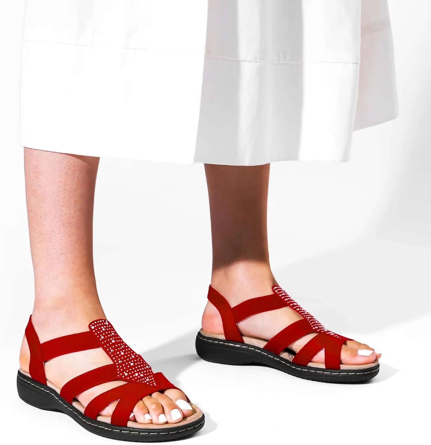DREAM PAIRS Women's Comfortable Arch Support Dressy Flat Sandals Elastic Open Toe Walking Shoes for Summer