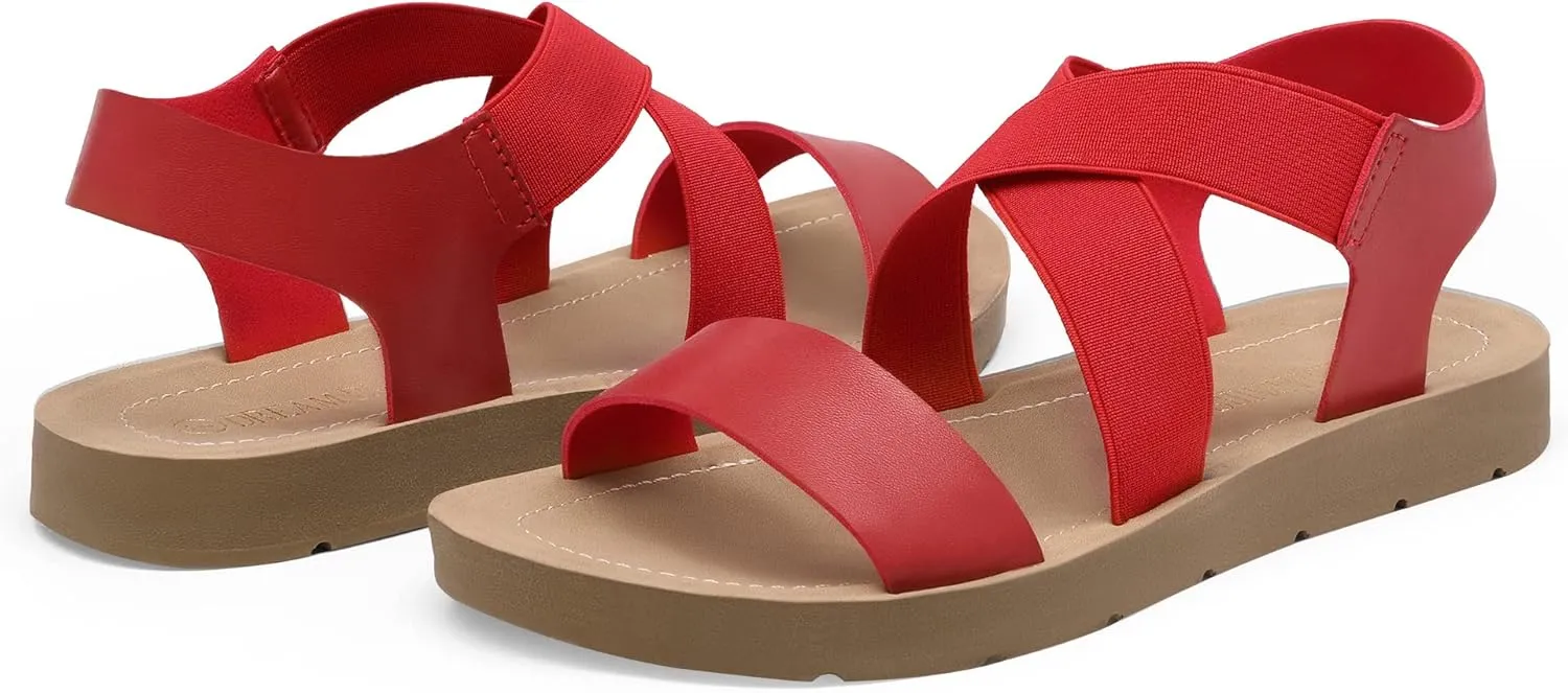 DREAM PAIRS Women's Open Toe Elastic Ankle Strap Flat Summer Sandals