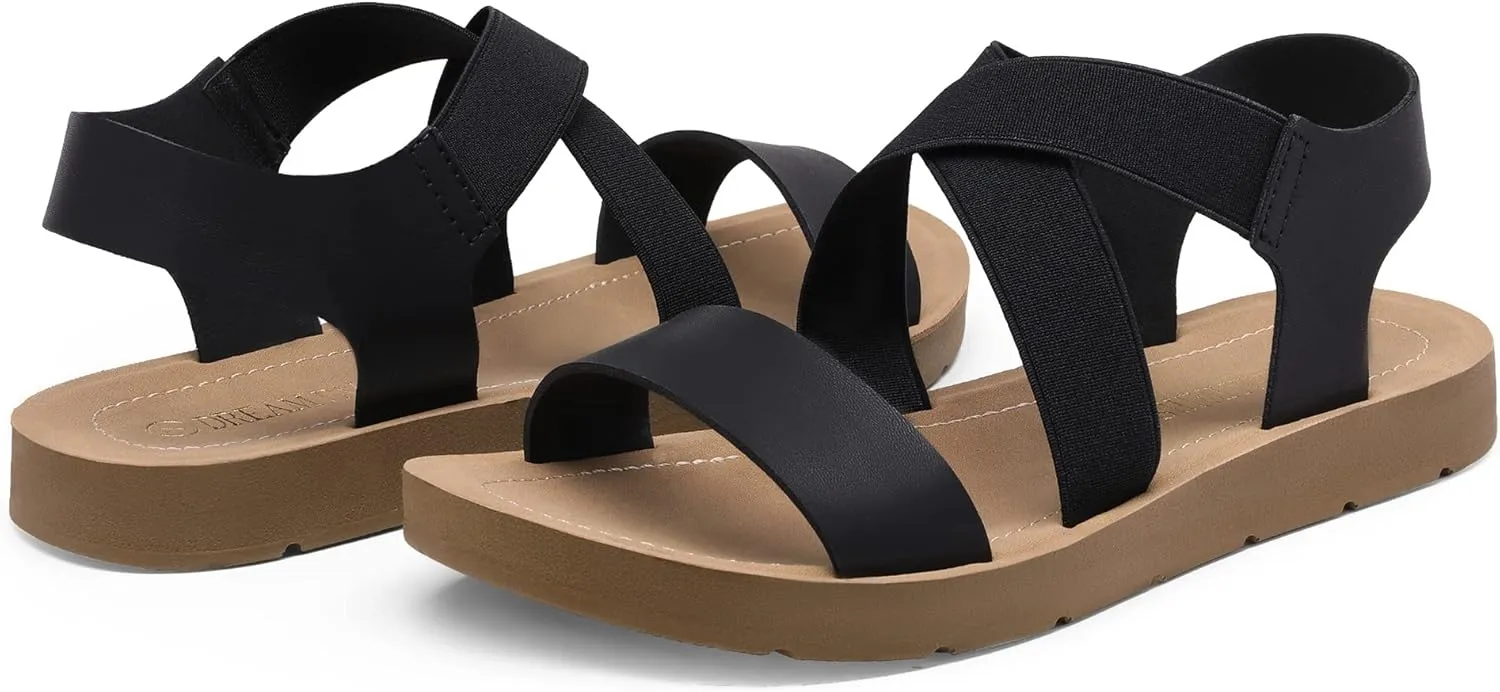 DREAM PAIRS Women's Open Toe Elastic Ankle Strap Flat Summer Sandals