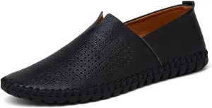 Driving Loafer for Men Casual Shoes Slip on Synthetic Leather Round Toe Solid Color Stitching Rubber Sole Splice Antislip (Perforated Option) (Color : Black, Size : 9 M US)