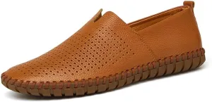 Driving Loafer for Men Casual Shoes Slip on Synthetic Leather Round Toe Solid Color Stitching Rubber Sole Splice Antislip (Perforated Option) (Color : Brown, Size : 8 M US)