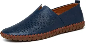 Driving Loafer for Men Casual Shoes Slip on Synthetic Leather Round Toe Solid Color Stitching Rubber Sole Splice Antislip (Perforated Option) (Color : Dark-Blue, Size : 7 M US)