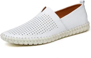 Driving Loafer for Men Casual Shoes Slip on Synthetic Leather Round Toe Solid Color Stitching Rubber Sole Splice Antislip (Perforated Option) (Color : White, Size : 10.5 M US)
