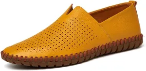 Driving Loafer for Men Casual Shoes Slip on Synthetic Leather Round Toe Solid Color Stitching Rubber Sole Splice Antislip (Perforated Option) (Color : Yellow, Size : 10 M US)