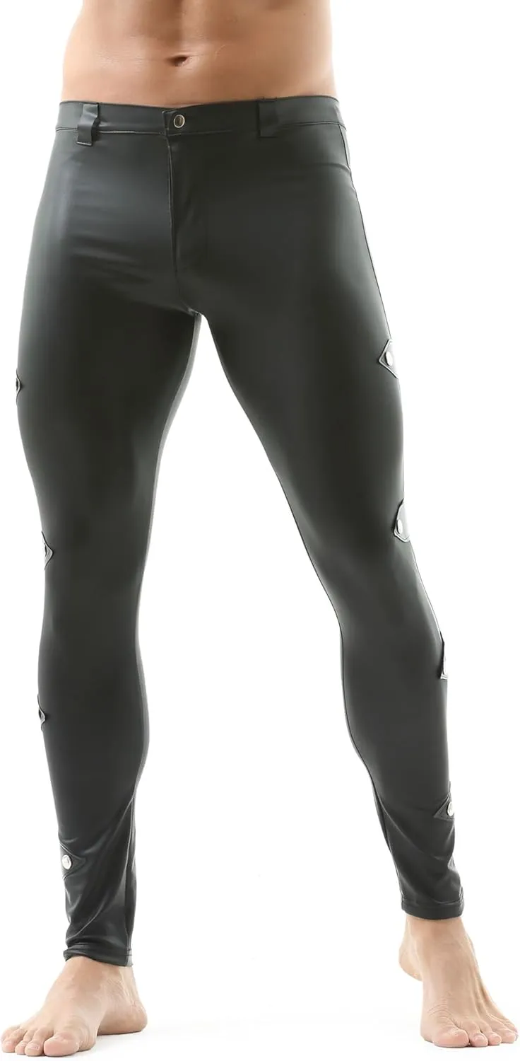 DTODWW Men's Faux Leather Active Leggings Tight Pants Slim Fit Yoga Pants for Motorcycle Dance Wear