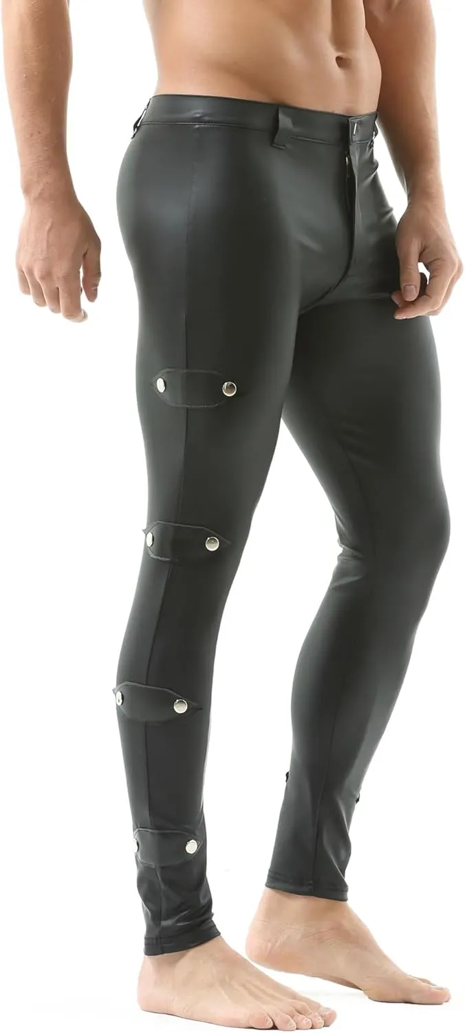 DTODWW Men's Faux Leather Active Leggings Tight Pants Slim Fit Yoga Pants for Motorcycle Dance Wear