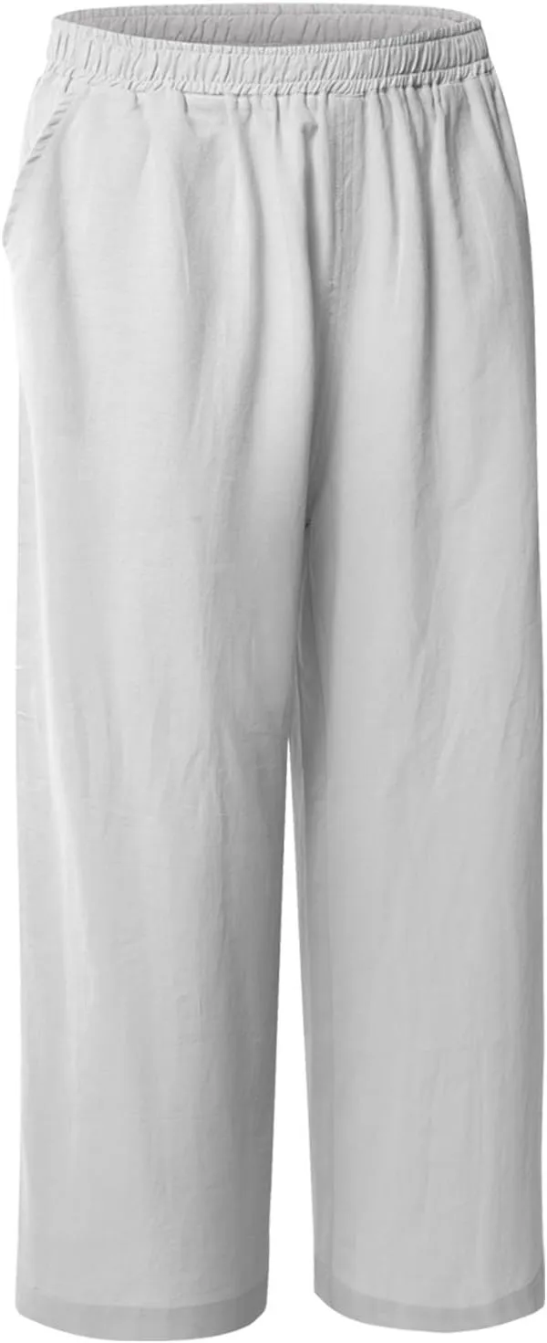 ECUPPER Womens Cotton Cropped Pants Loose Fit Wide Leg Capri Casual Plus Size Elastic Waist Trousers
