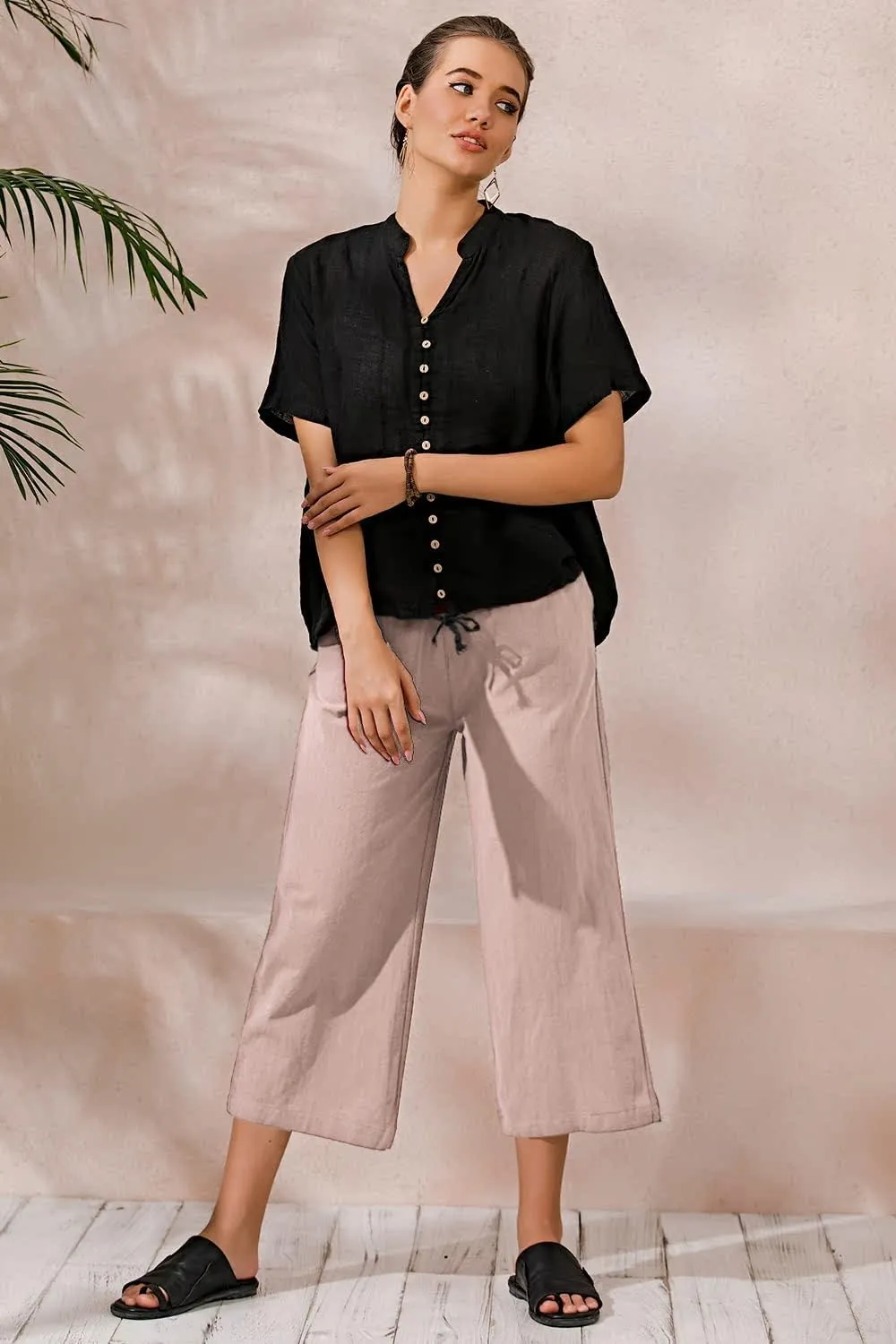 ECUPPER Womens Cotton Cropped Pants Loose Fit Wide Leg Capri Casual Plus Size Elastic Waist Trousers