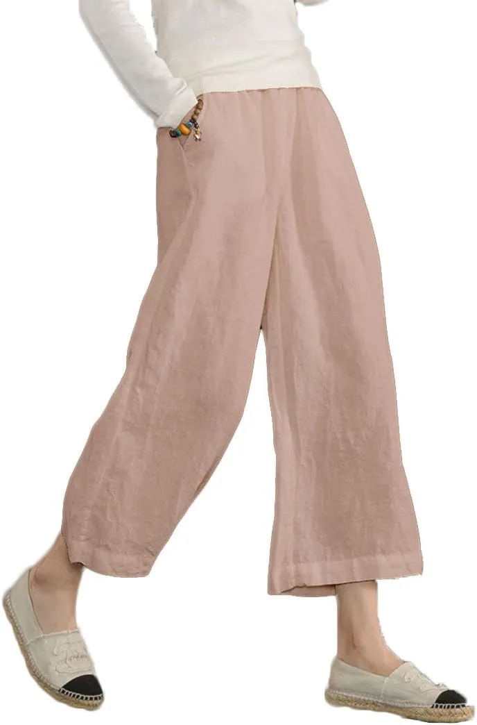 ECUPPER Womens Cotton Cropped Pants Loose Fit Wide Leg Capri Casual Plus Size Elastic Waist Trousers