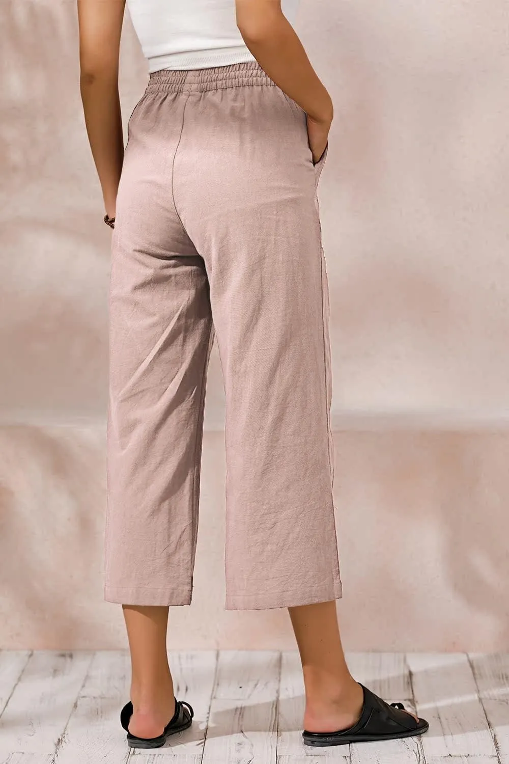 ECUPPER Womens Cotton Cropped Pants Loose Fit Wide Leg Capri Casual Plus Size Elastic Waist Trousers