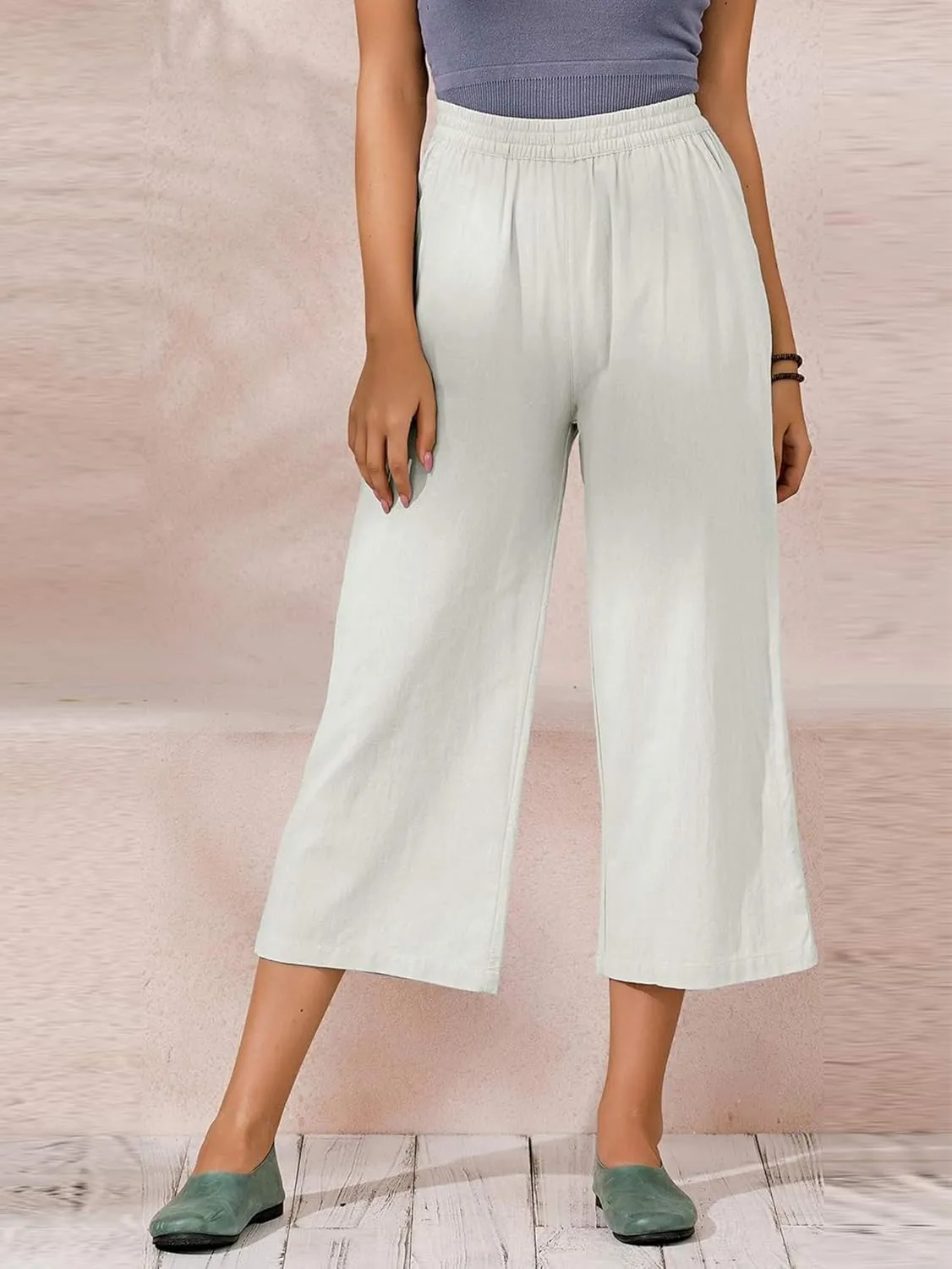 ECUPPER Womens Cotton Cropped Pants Loose Fit Wide Leg Capri Casual Plus Size Elastic Waist Trousers