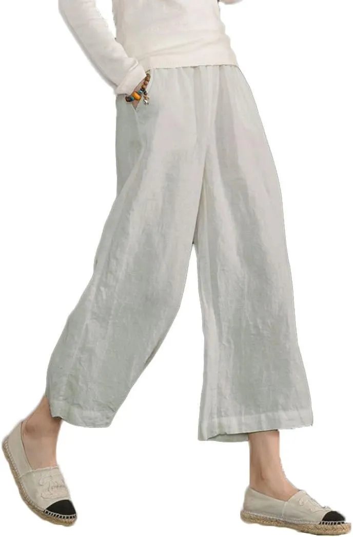 ECUPPER Womens Cotton Cropped Pants Loose Fit Wide Leg Capri Casual Plus Size Elastic Waist Trousers