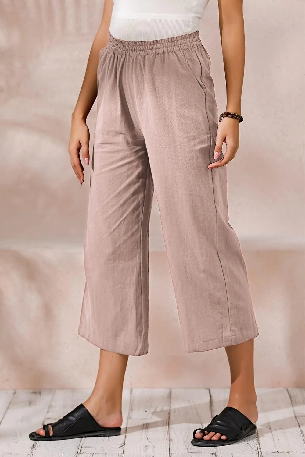 ECUPPER Womens Cotton Cropped Pants Loose Fit Wide Leg Capri Casual Plus Size Elastic Waist Trousers
