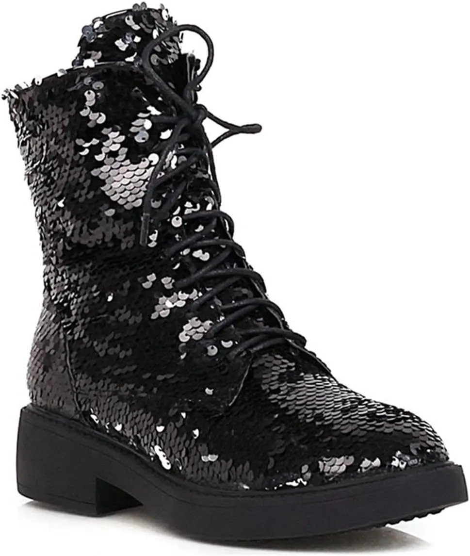 Elbslutt Women's Lace Up Glitter Combat Boots Low Chunky Heel Sequin Ankle Booties With Zip Up