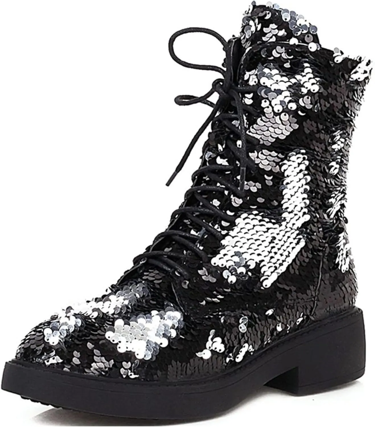 Elbslutt Women's Lace Up Glitter Combat Boots Low Chunky Heel Sequin Ankle Booties With Zip Up