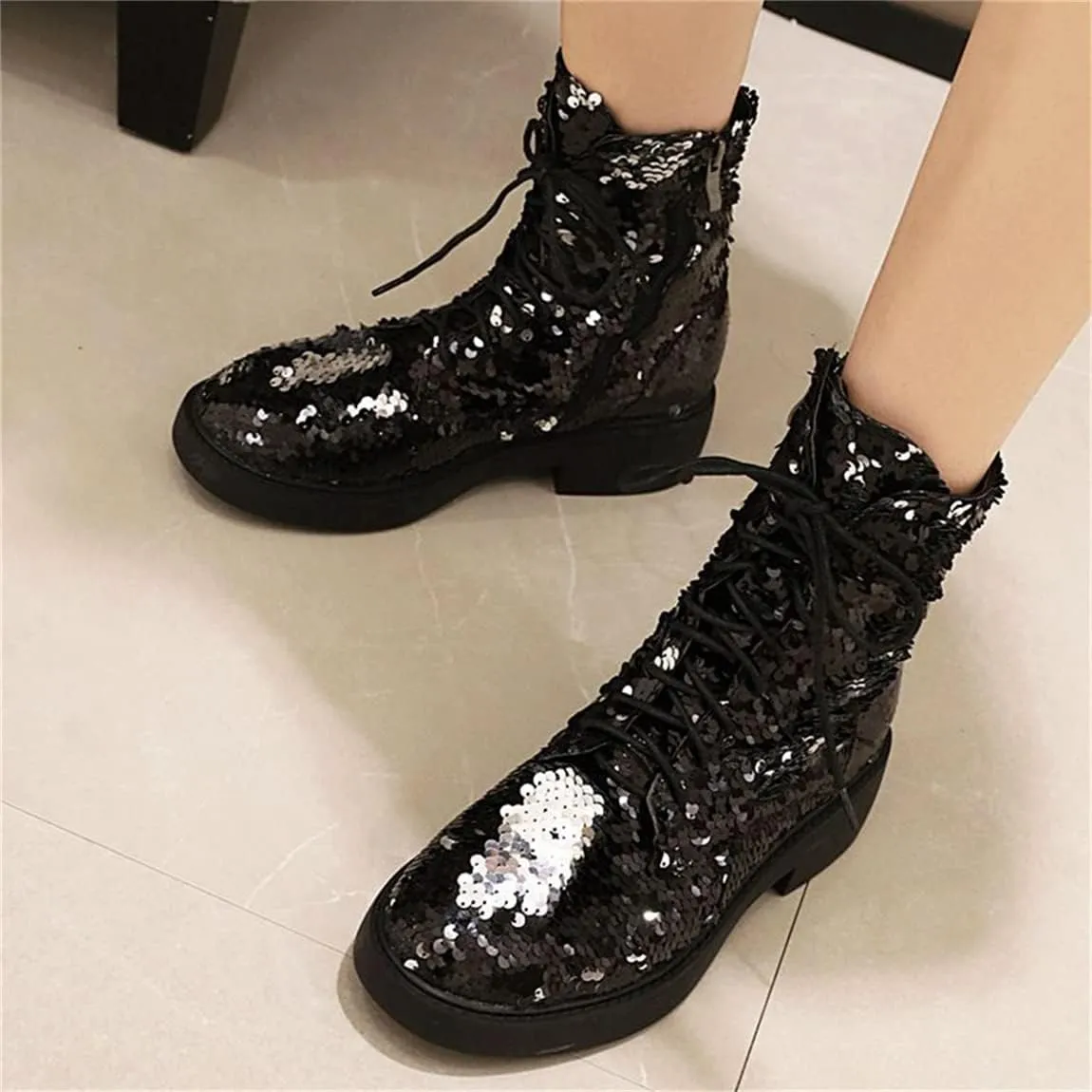 Elbslutt Women's Lace Up Glitter Combat Boots Low Chunky Heel Sequin Ankle Booties With Zip Up