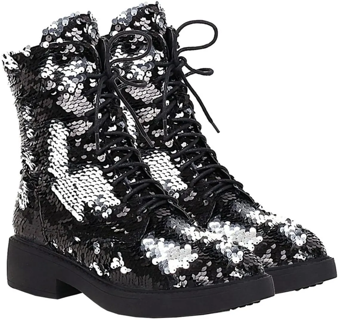 Elbslutt Women's Lace Up Glitter Combat Boots Low Chunky Heel Sequin Ankle Booties With Zip Up