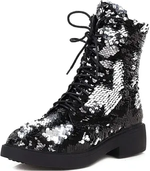 Elbslutt Women's Lace Up Glitter Combat Boots Low Chunky Heel Sequin Ankle Booties With Zip Up