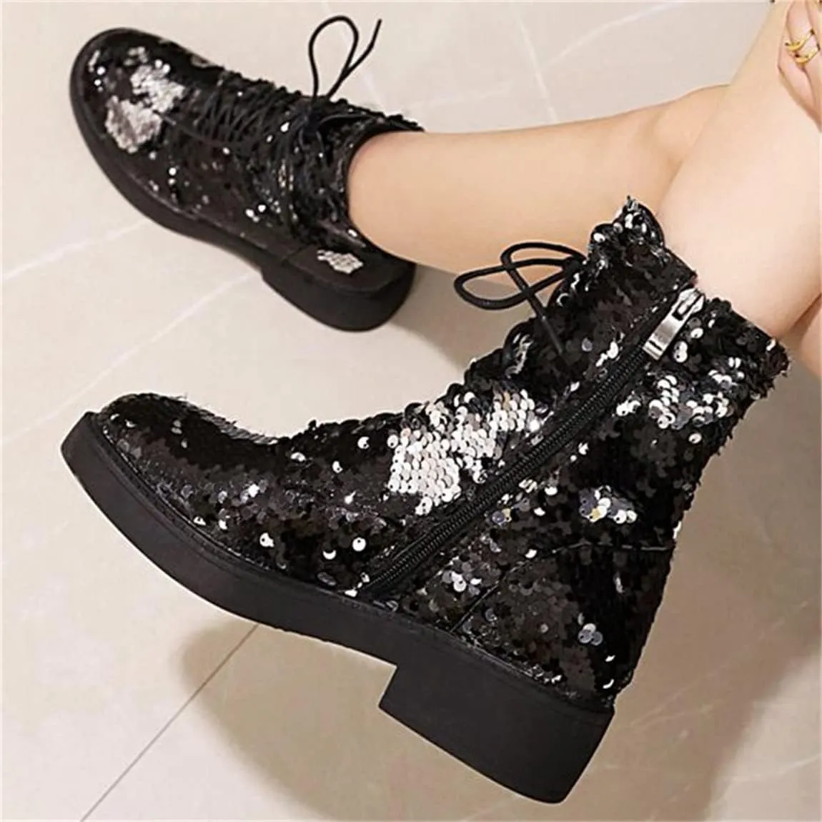 Elbslutt Women's Lace Up Glitter Combat Boots Low Chunky Heel Sequin Ankle Booties With Zip Up