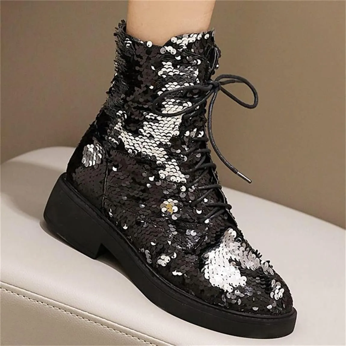 Elbslutt Women's Lace Up Glitter Combat Boots Low Chunky Heel Sequin Ankle Booties With Zip Up