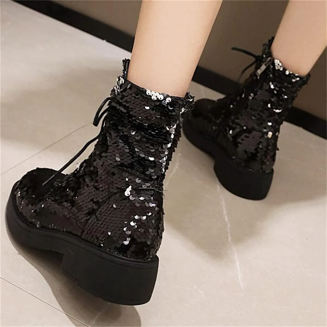 Elbslutt Women's Lace Up Glitter Combat Boots Low Chunky Heel Sequin Ankle Booties With Zip Up