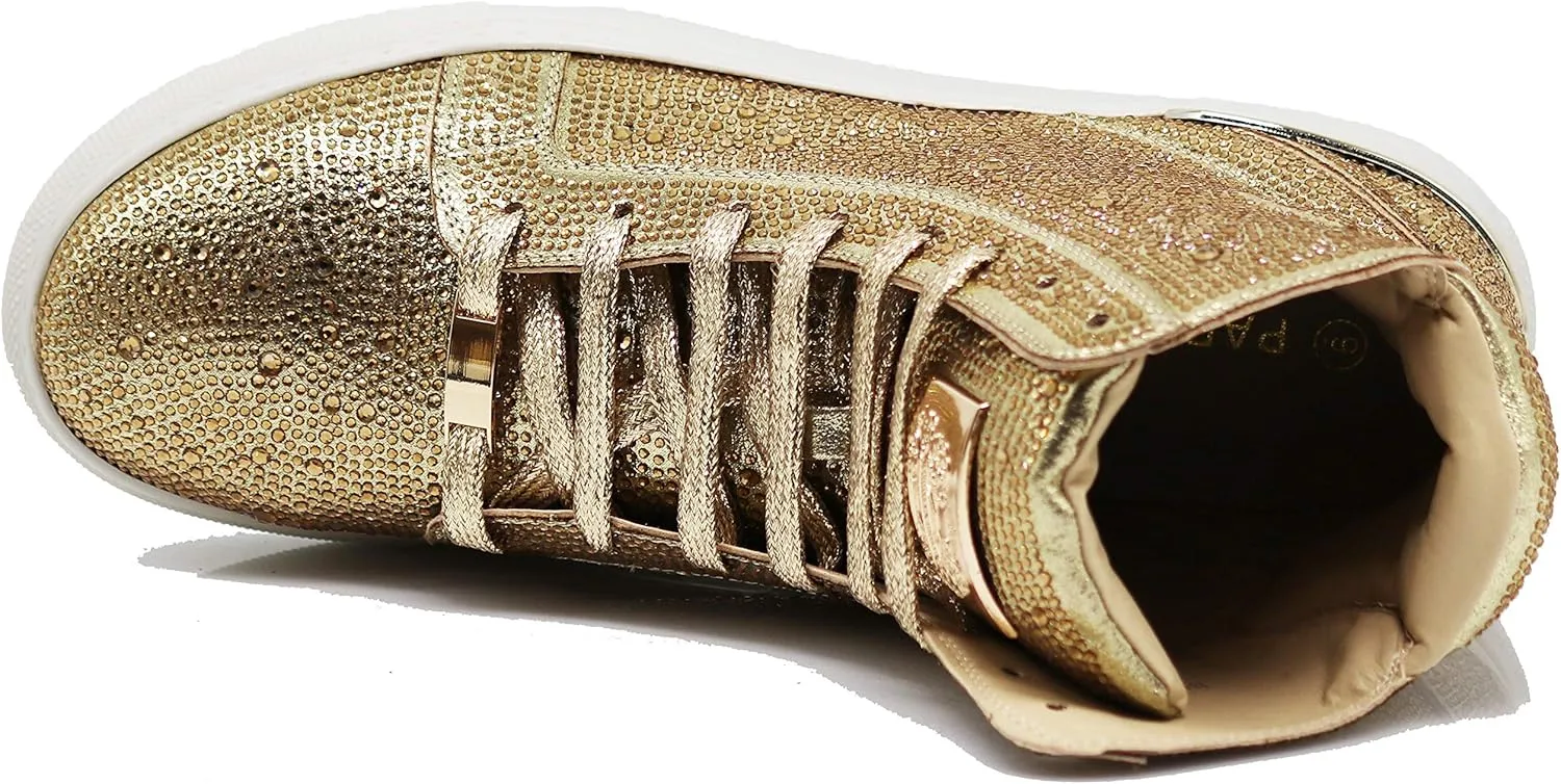 Enzo Romeo Men's Fashion High Top Crystal Shimmer Rhinestone Blink Flat Sneakers Shoes