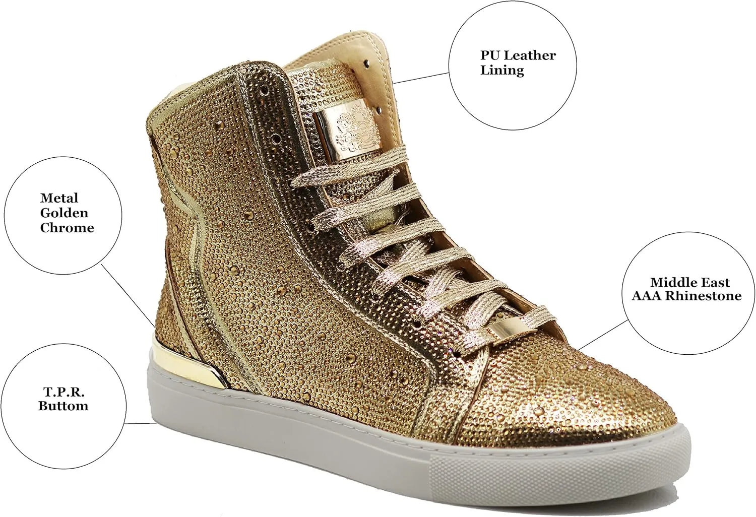 Enzo Romeo Men's Fashion High Top Crystal Shimmer Rhinestone Blink Flat Sneakers Shoes
