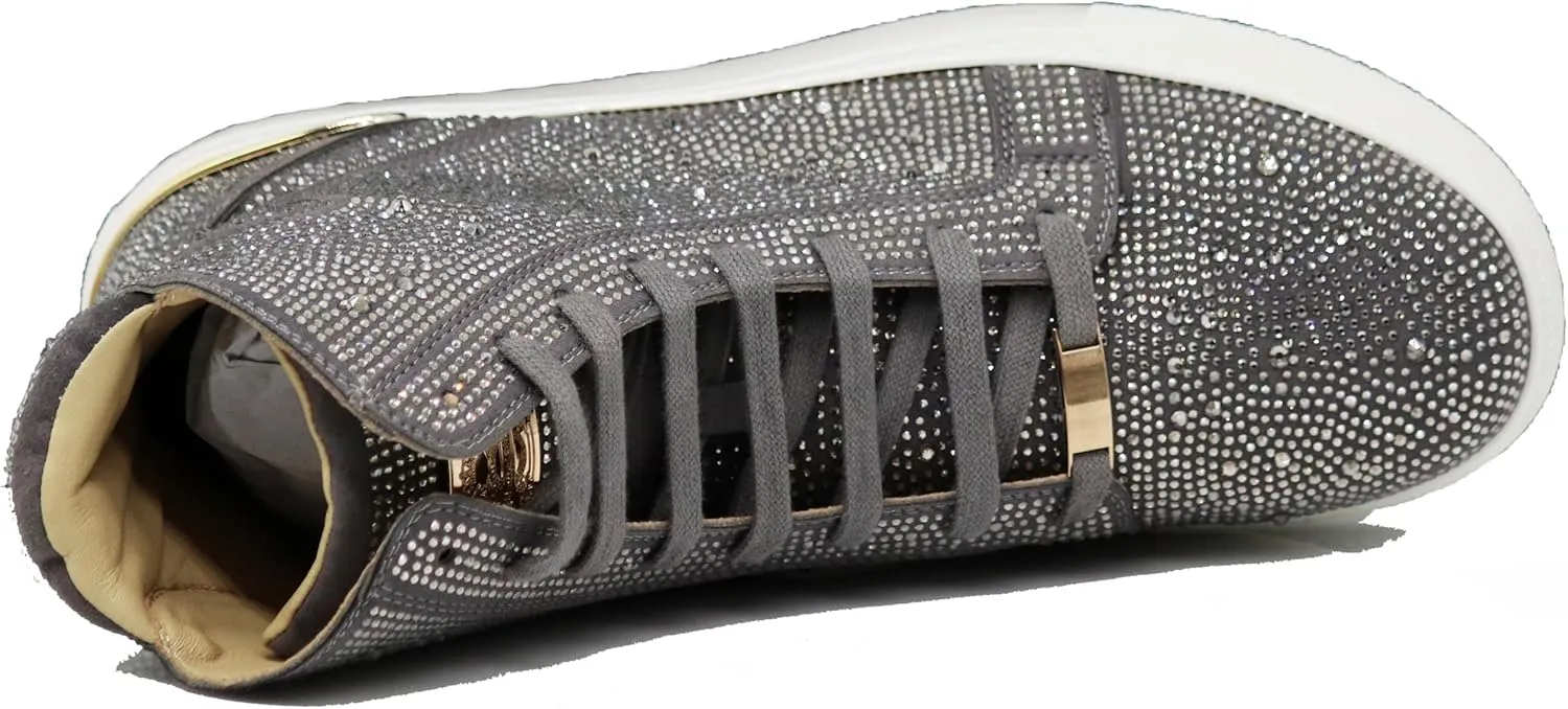 Enzo Romeo Men's Fashion High Top Crystal Shimmer Rhinestone Blink Flat Sneakers Shoes