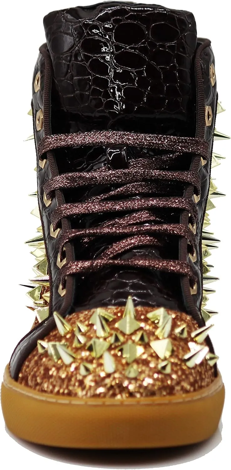 Enzo Romeo Men's High Top Crystal Shimmer Rhinestone Blink Flat Spike Fashion Sneakers Shoes BUL2