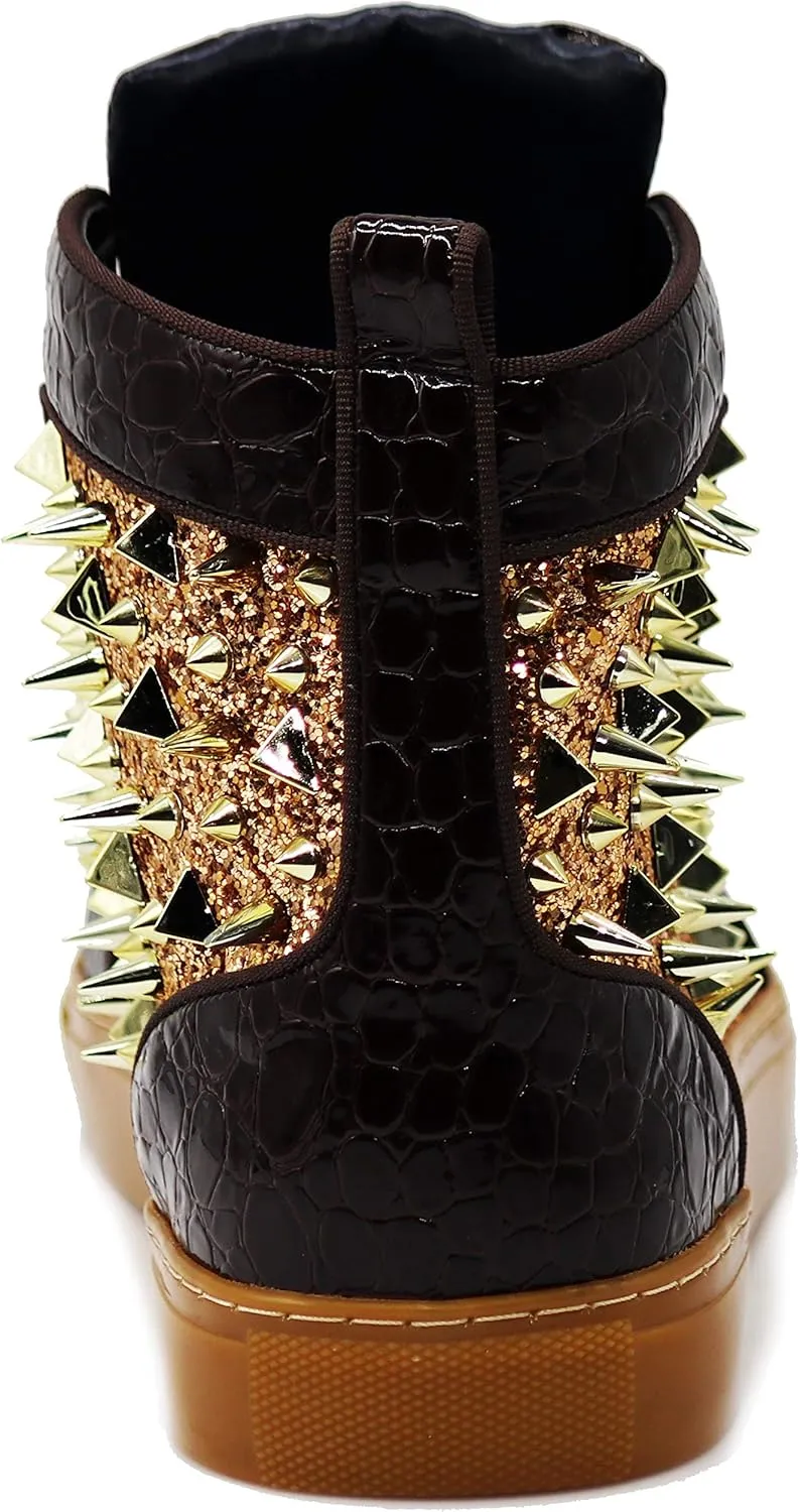 Enzo Romeo Men's High Top Crystal Shimmer Rhinestone Blink Flat Spike Fashion Sneakers Shoes BUL2