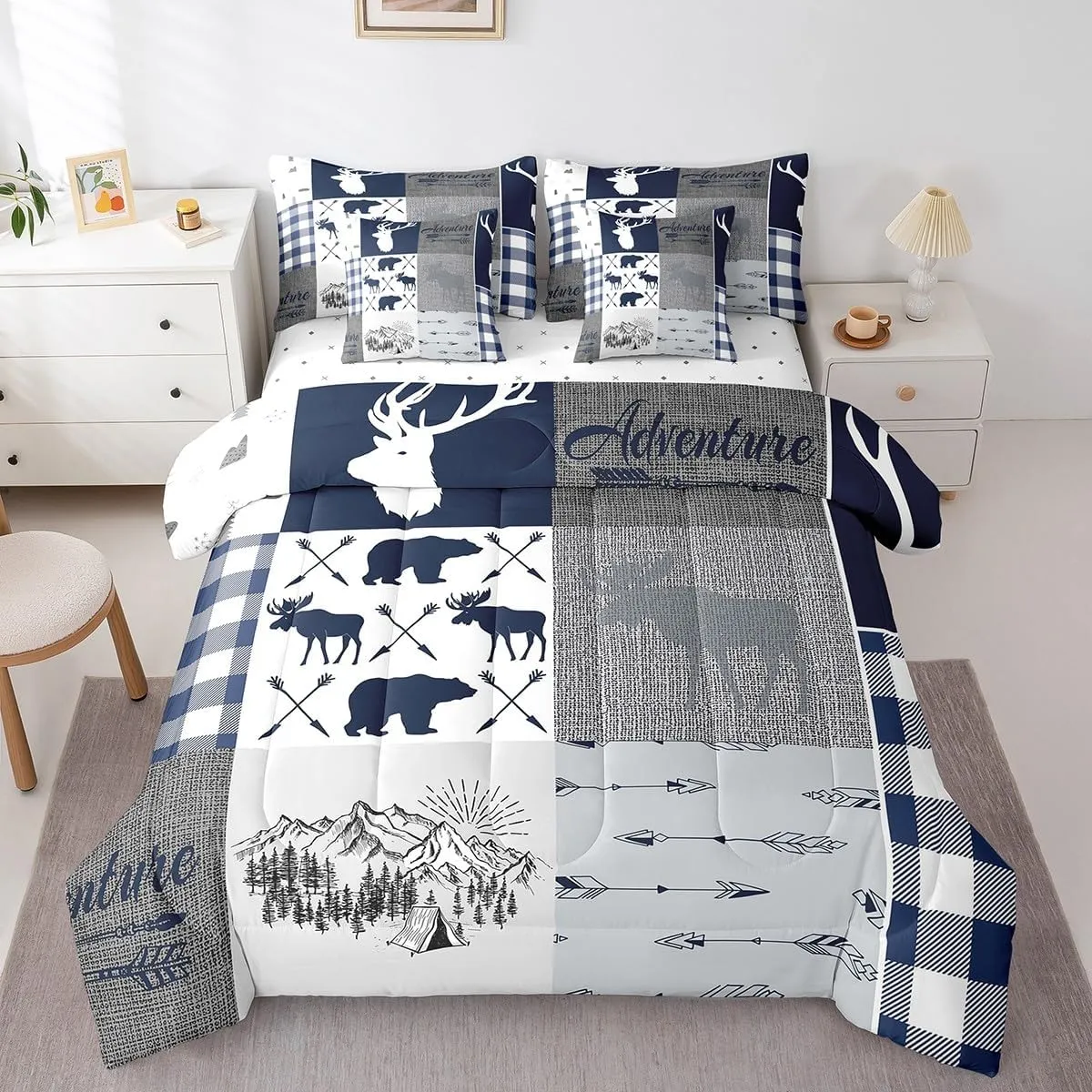 Erosebridal Moose Comforter for Boys, Bear Deer Bed in A Bag Queen 7 Pieces Bedding - 1 Rustic Farmhouse Comforter, 1 Arrows Adventure Fitted Sheet, 1 Flat Sheet, 2 Pillow Cases,2 Throw Pillow Covers