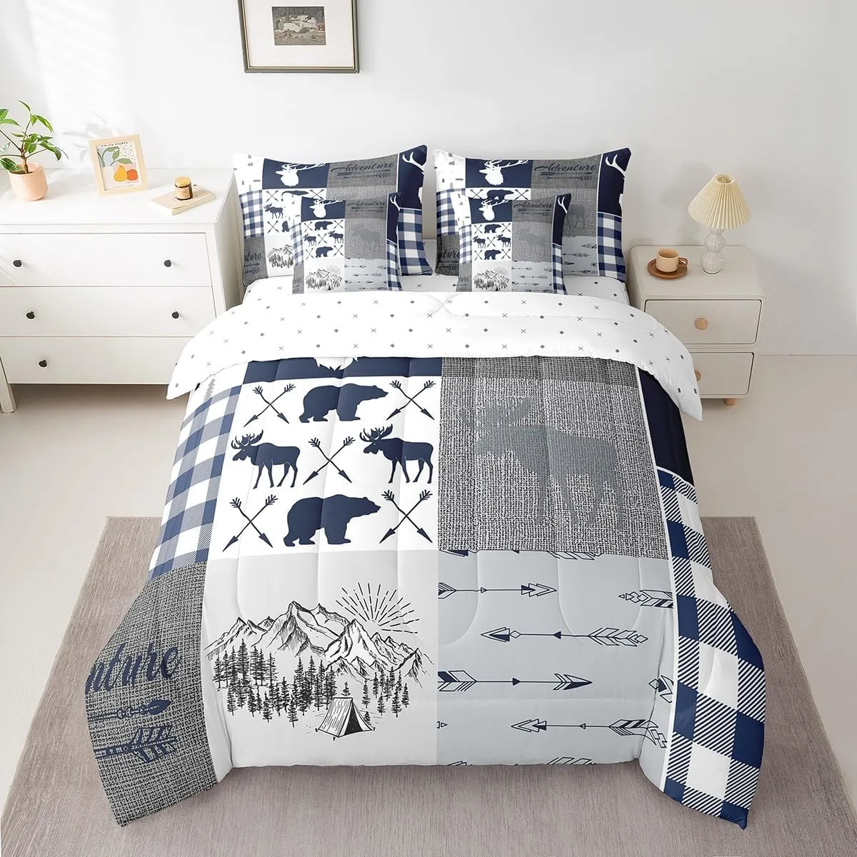 Erosebridal Moose Comforter for Boys, Bear Deer Bed in A Bag Queen 7 Pieces Bedding - 1 Rustic Farmhouse Comforter, 1 Arrows Adventure Fitted Sheet, 1 Flat Sheet, 2 Pillow Cases,2 Throw Pillow Covers